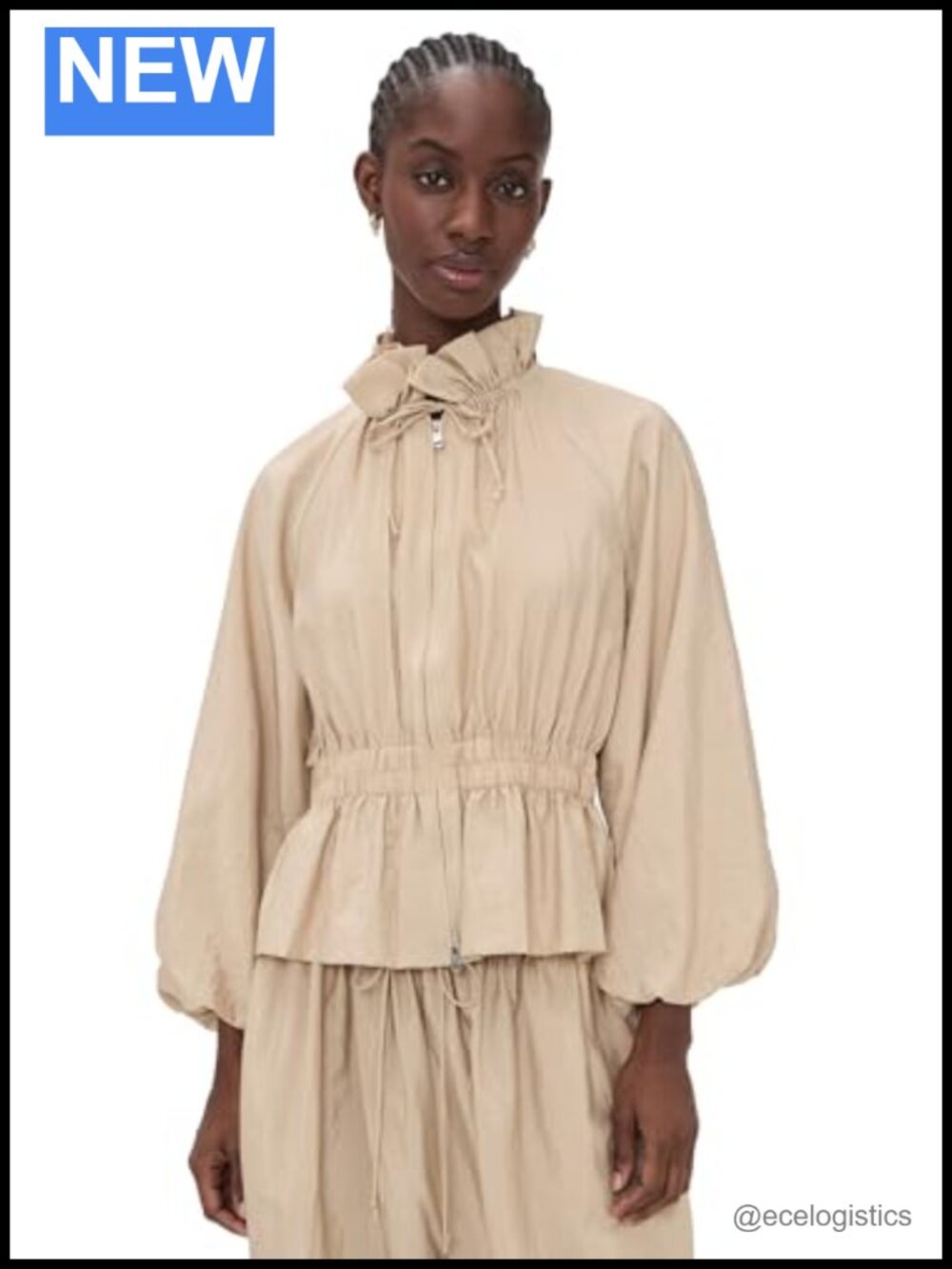 Cinq a Sept Deana Jacket Ruffled Stand Collar Balloon Sleeves Zip Front
